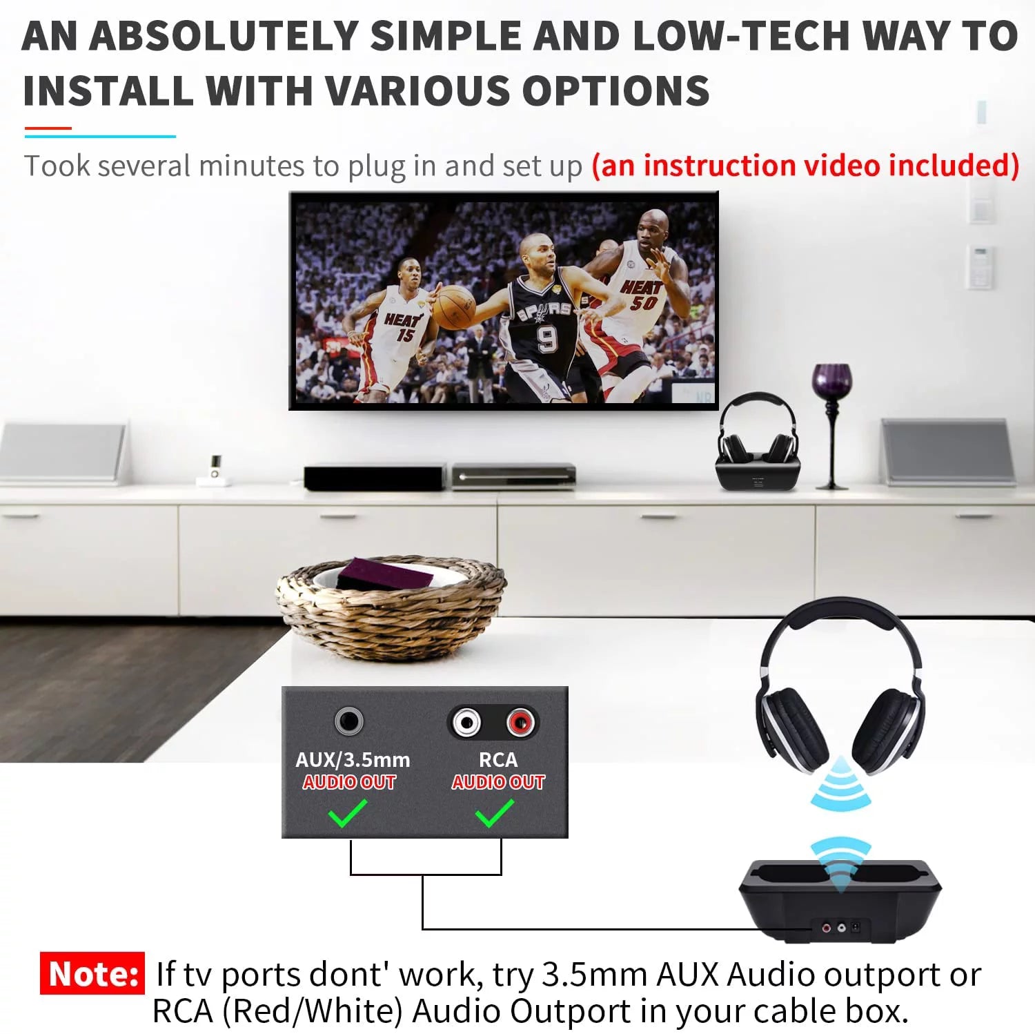 ADH300 Wireless TV Headphones with Charging Dock Rechargeable, Black, New