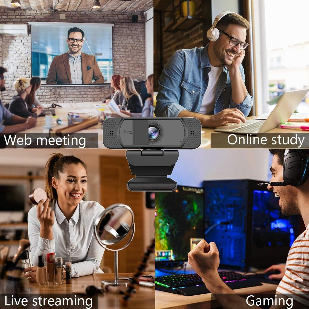 Webcam HD 1080P-Streaming Webcam with Privacy Cover for Desktop Computer PC,100° Wide-Angle View with Stereo Microphone, USB Webcam Plug and Play,Low-Light Correction