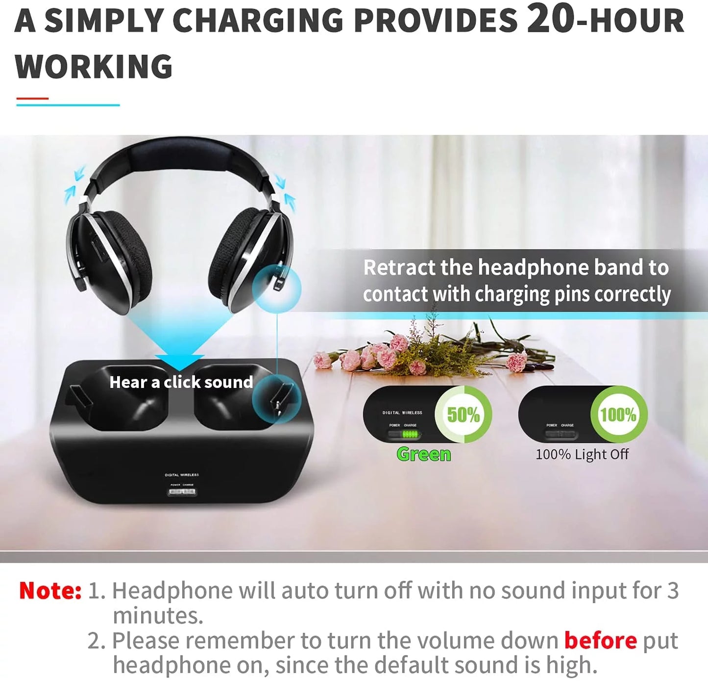 ADH300 Wireless TV Headphones with Charging Dock Rechargeable, Black, New